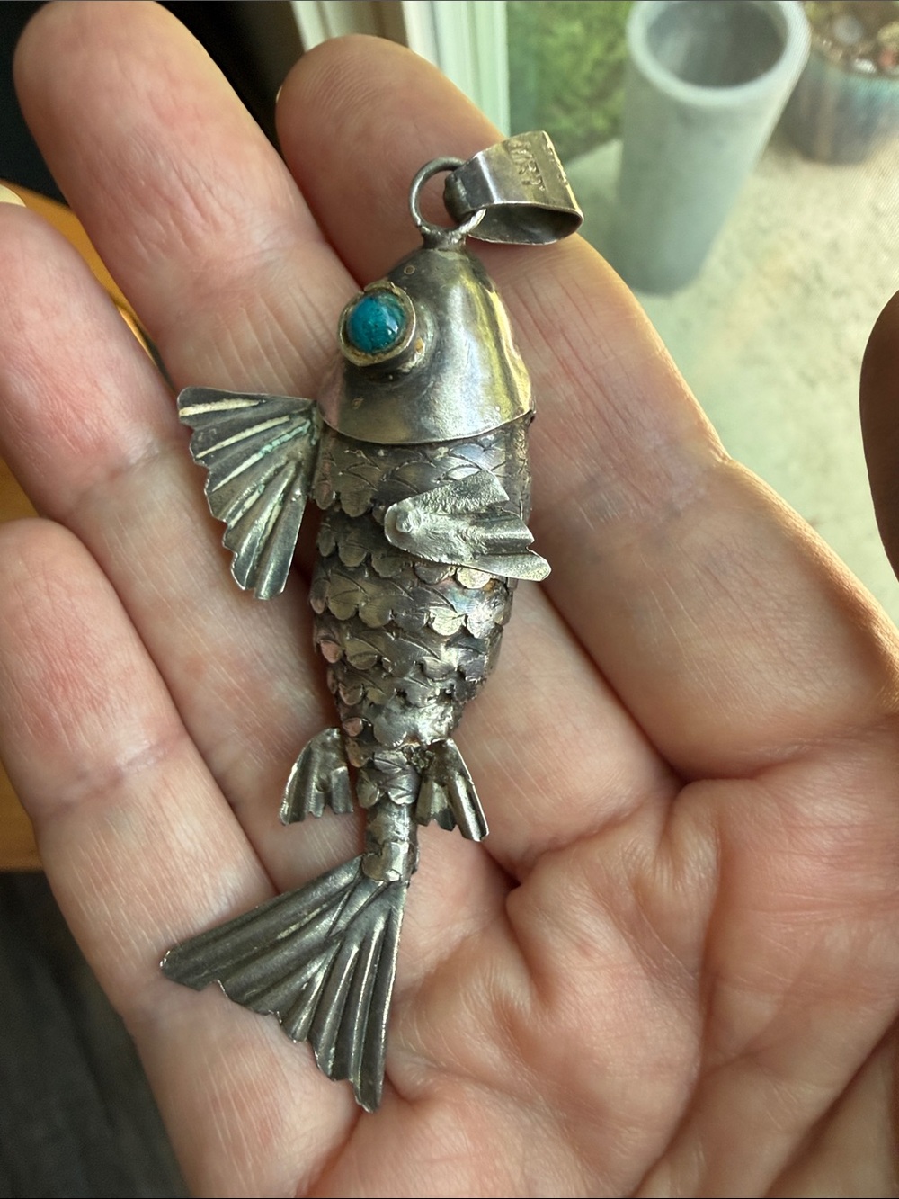 Vintage MRT Sterling Silver 925 Large Articulated Moving Fish Pendant Turquoise - Picture 4 of 6